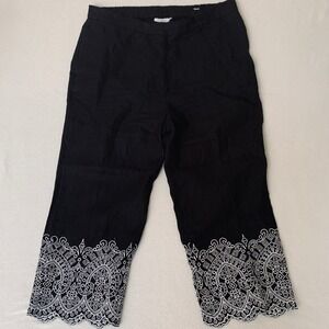 Chicos Women Pull On Straight Embroidery Linen Crop Pants Black White 2.5 (L/14)
